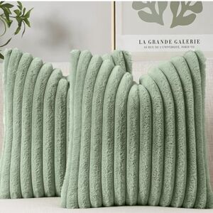 Set Of 2 Sage Green Plush Decorative Pillow Covers Size 18 X 18